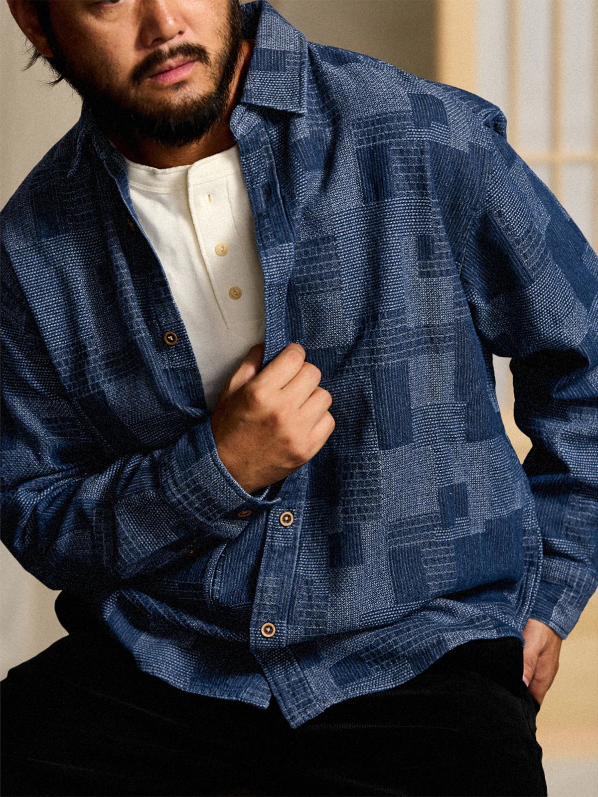 Boro Jacquard Pre-dyed Denim Work Shirt - Image 4
