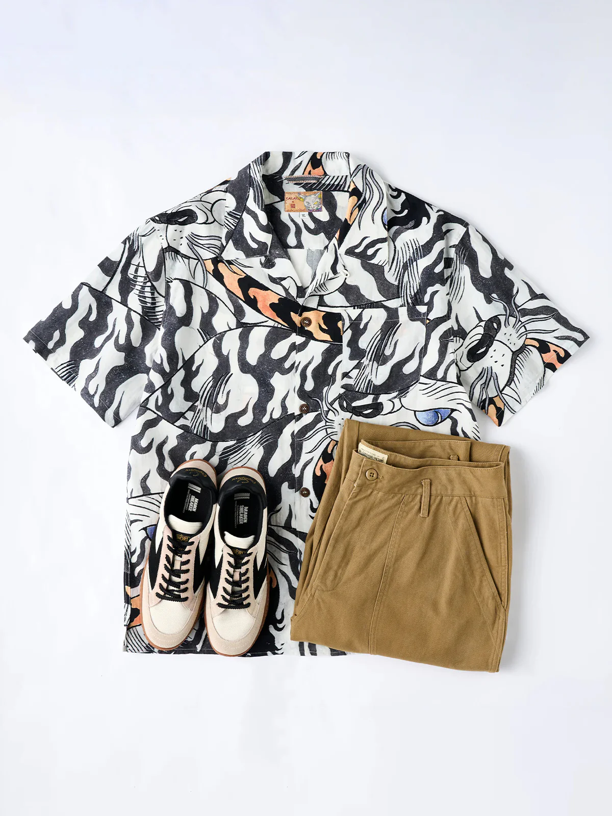 KARAKU×Ayako Ishiguro "White Tiger Biting the Tail" All-over Graphic Print Tencel Aloha Shirt - Image 17