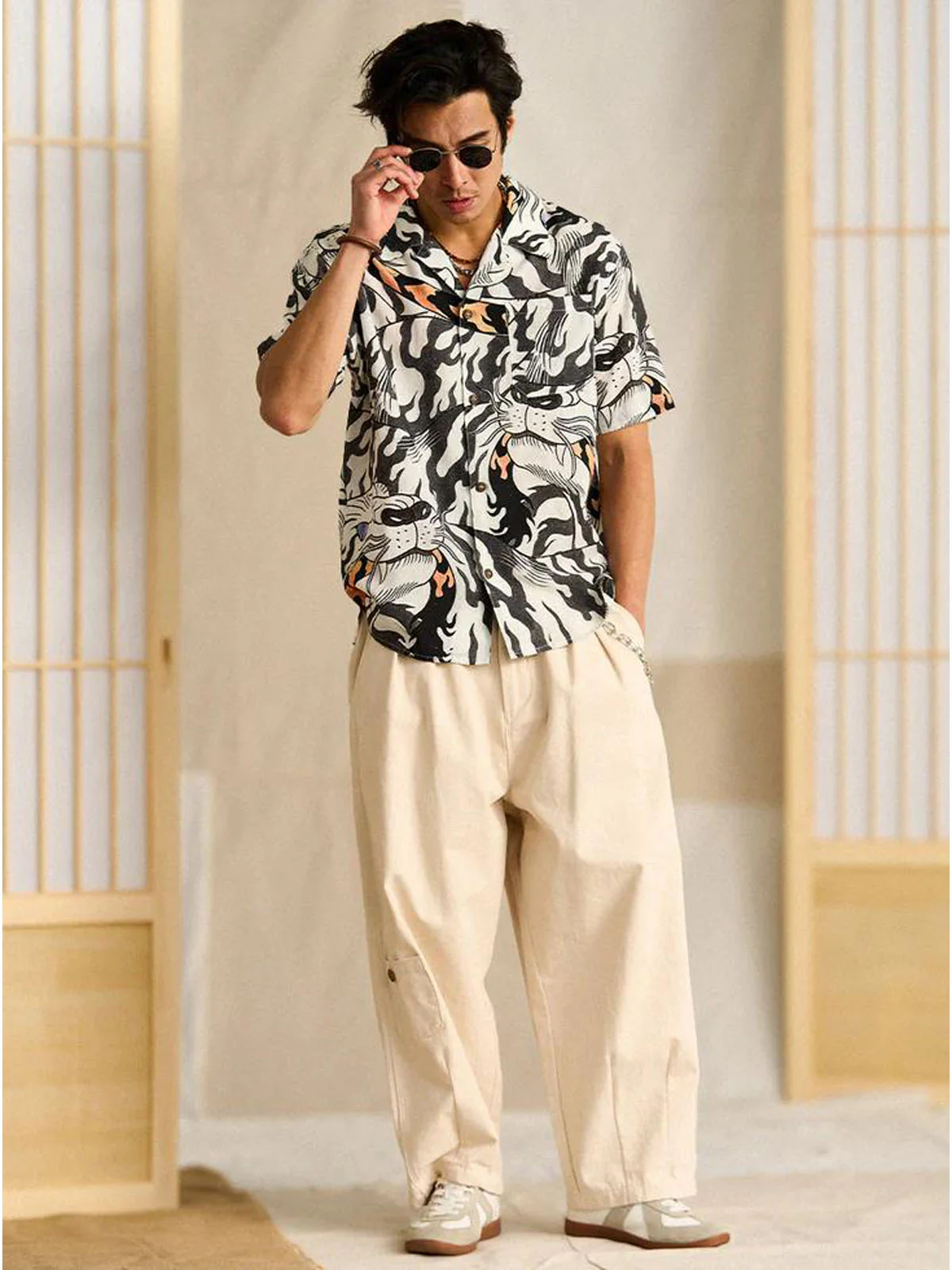 KARAKU×Ayako Ishiguro "White Tiger Biting the Tail" All-over Graphic Print Tencel Aloha Shirt - Image 3